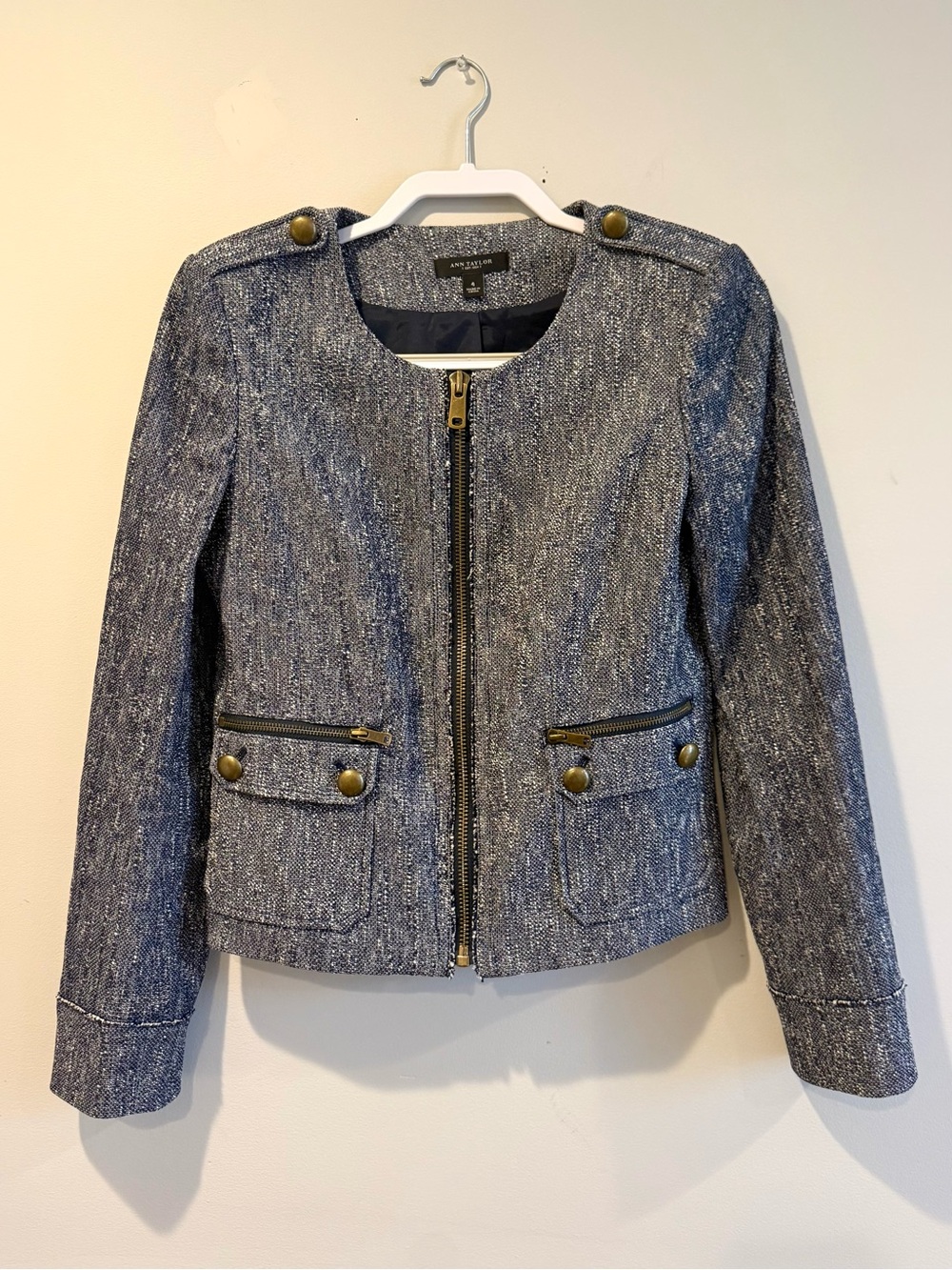 Ann Taylor Navy Tweed Zip Front Military-Style Jacket
